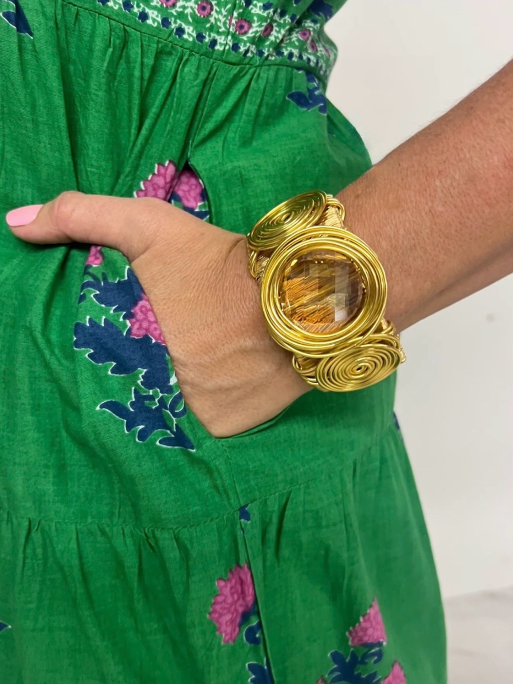Boho Gold Wire Wrapped Cuff Bracelet w Amber Crystal - classy fun & comfortable.